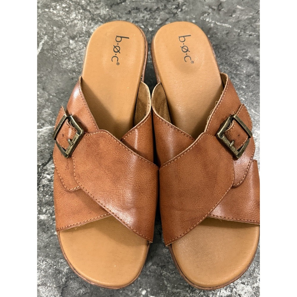 B.O.C Women's Wedge Heeled Sandals Leather Buckle Slide Crossover Caramel 11M